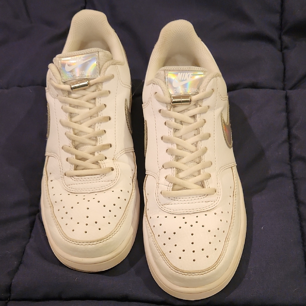 Nike Court White Sneakers with Iridescent Accents Size 8.5